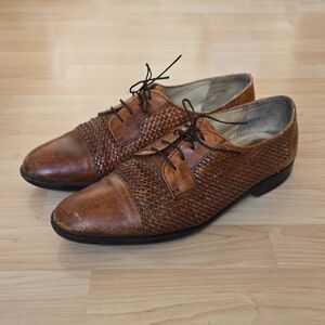 Cole Haan Men Leather Bragano Lace Up Woven Oxford Brown Cap Toe Size 10